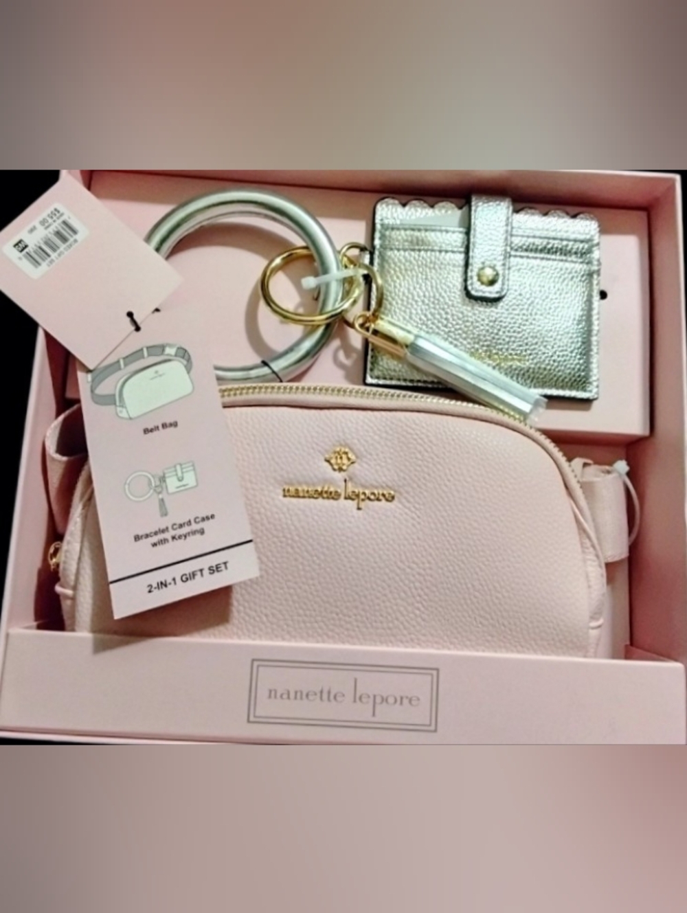 Nanette Lepore Pink Belt Bag with Silver Card Case and Tassel Keyring